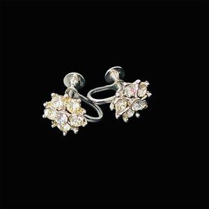 Coro Earrings Screw Back Signed Silvertone Clear Rhinestone Floral